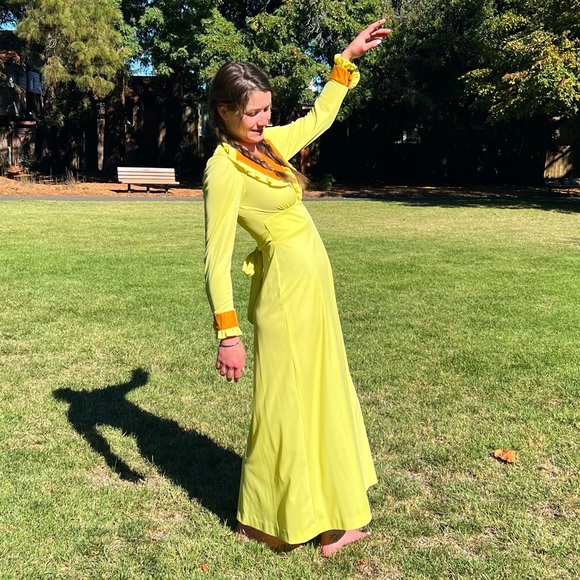 1970s Buttercup Poly & Velveteen Maxi Dress - Picture 2 of 8